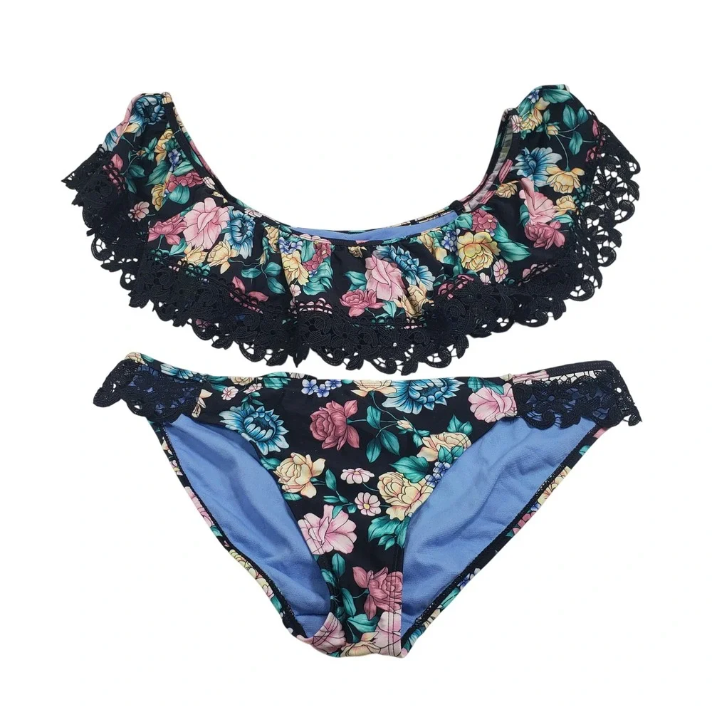 Time and Tru Womens Floral Lace Ruffle‎ Bikini Set L 12-14 Multi Color